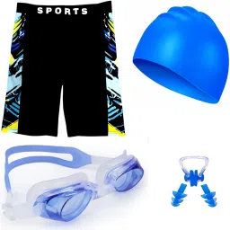Morex Mens Swimming Set, Swimsuit Jammer Short with Swimming Goggles and Cap Set Printed Men Swim Bottom Blue Swimsuit-picture-1