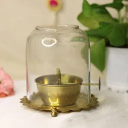 Brass Akhand Diya with Borosilate Glass Cover Puja Dia for Mandir, Gold Brass, Glass Table Lantern-16