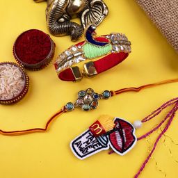 StileAdda Set of 3 Studded Bracelet & Thread Rakhis With Roli Chawal-21