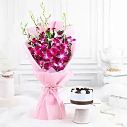 Dreamy Violet Whispers Orchids Bouquet N Black Forest Combo-26