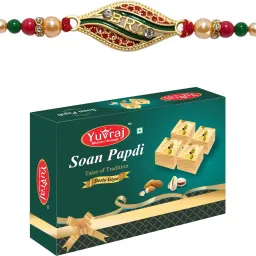 bro design Rakhi set for brother & desi ghee soan papdi 200 gm pack Jute Gift Box-image-34