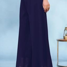 Women Flared Dark Blue Georgette Trousers-image-65