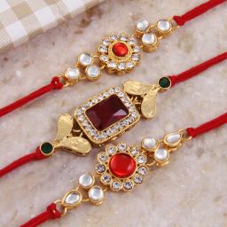 Designer Ethnic Gold Plated Rakhi Combo for Brother (Set of 3) Gold Finish, Kundan, Mauli Thread, Pearl Rakhi, Chawal Roli Pack Set-image-52