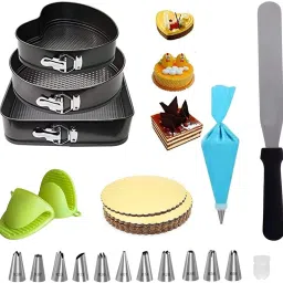 3 in 1 Multiple Shape Cake Non Stick Pan Tray Easy Washable Cake Heart, Round, Square Mould, 12 Piece Cake Decorating Nozzle Set, 2 Hand Clip, 5 piece cake board, palette spatula knife for cake Kitchen Tool Set-image-24