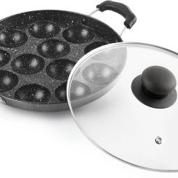12-Cavity Heavy Weight Non Stick Aluminium Appam Maker Pan Paniarakkal with Lid 1 L capacity 24 cm diameter-1