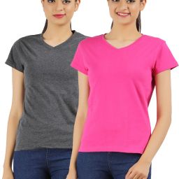 Pack of 2 Women Solid V Neck Cotton Blend Pink, Grey T-Shirt-picture-7