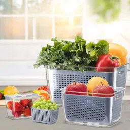Fresh Produce Vegetable Fruit Storage Containers - Fridge Food Storage Containers - Refrigerator Organizer Bins - Storage containers - Draining Crisper with Strainers (1.7 litres) Plastic Fruit & Vegetable Basket-image-23