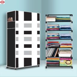 6 Shelf Foldable Collapsible Wardrobe Storage Organizer Almirah Cloth Rack PVC Collapsible Wardrobe-image-63