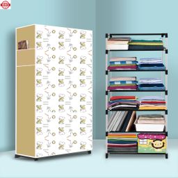 6 Shelf Foldable Collapsible Wardrobe Storage Organizer Almirah Cloth Rack PVC Collapsible Wardrobe-image-72