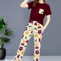 Women Top & Pyjama Set Maroon Printed-image-3