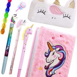 Unicorn Stationery Gift Set Combo-7Ps Fur Diary/Pouch/Pen/Pencil/ Gel Pen/Eraser Stationery school GIFT Set Art Canvas Pencil Box-22