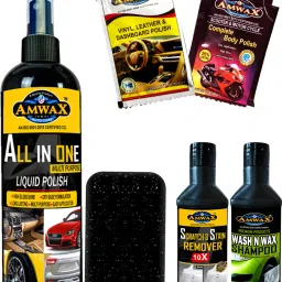 ALL INONE POLISH 200 ML, Scratch Remover 50 ml, Wash and Wax 50 ml, Dashboard Polish Pouch 10 ml 2 Pcs., Body Polish Pouch 10 ml 2 Pcs., Sponge (applicator) Combo-15