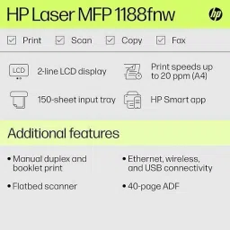 HP Laser MFP 1188Fnw, Wireless, Print, Copy, Scan, Fax, Monochrome Laser Printers Multi-function WiFi Monochrome Laser Printer image 5