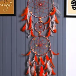 BS AMOR Orange & White 3 Ring Dream Catcher With Lights & Feather-19
