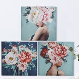 Home Centre Brezza Blue & Pink 3 Pieces Girl and Flower-Painted Framed Wall Art-52