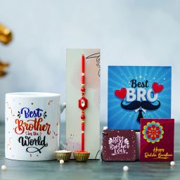 Designer Rakhi Gift Set For Brother Combo With Roli Chawal Greeting Card- MUG-41 Mauli Thread Mug, Rakhi, Key Ring, Showpiece, Chawal Roli Pack, Greeting Card Set-image-23