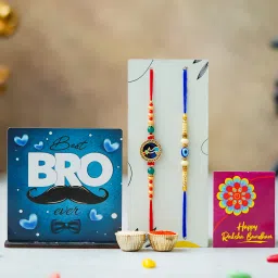 Designer Rakhi Gift Set For Brother Combo With Roli Chawal Greeting Card- FRM1-C16-C1 Mauli Thread Showpiece, Rakhi, Greeting Card, Chawal Roli PackSet-8