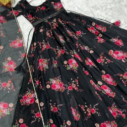 Floral Print, Printed, Polka Print, Geometric Print, Graphic Print, Embellished, Solid, Self Design Georgette Stitched Anarkali Gown-image-0