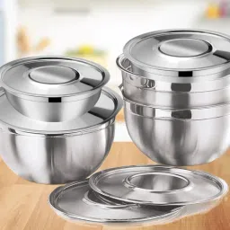Stainless Steel Serving and Mixing Bowl Set of 5 with Lid/Cover, Flat Bottom Bowl, Container Serving Set-19