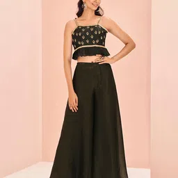 ODETTE Black Art Silk Embroidered Stitched Co-Ord Set For Women-picture-53