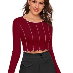 ODETTE Round Neck Long Sleeves Striped Crepe Crop Top-image-39