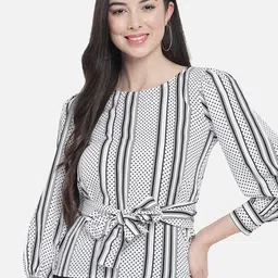 ALL WAYS YOU Polka Dots and Striped Puff Sleeves Crepe Cinched Waist Top-34