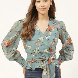 20Dresses Women Green & Rust Orange Floral Print Wrap Top-picture-12