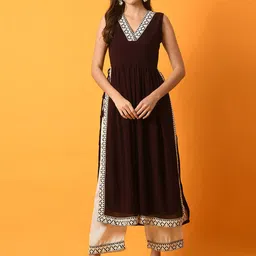 Myshka V-Neck Thread Work Pleated Georgette A-Line Kurta with Palazzos-image-28