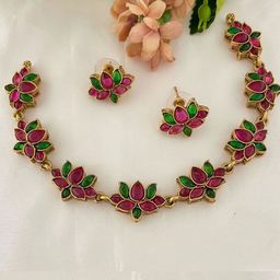 Adc fashions Gold-Plated Artificial Stones Studded Flower Necklace Earrings Set-23