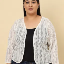 UnaOne Plus Size Self Design Open Front Cotton Shrug-13