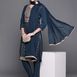 Biba Women Blue Ethnic Motifs Embroidered Kurta & Churidar With Dupatta-picture-37