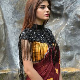 ODETTE Embellished Self Design Crop Tassels Button Shrug image 2