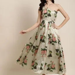 Shae by SASSAFRAS Beige & Peach-Coloured Floral One Shoulder Layered Maxi Dress-6