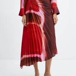 MANGO Tie & Dye Ruched Accordion Pleated Midi Flared Skirt-image-94