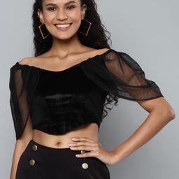 SASSAFRAS Black Off-Shoulder Velvet Crop Bardot Blouse-image-20