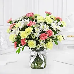 Daisies N Carnations Vibrant Jar Arrangement-image-0