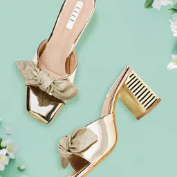 ELLE Gold-Toned Glossy Finish Block Heels with Shimmer Bows-58