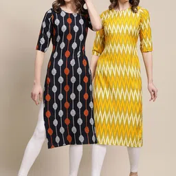 KALINI Women Pack Of 2 Yellow & Navy Blue Geometric Printed Crepe Kurta-picture-3
