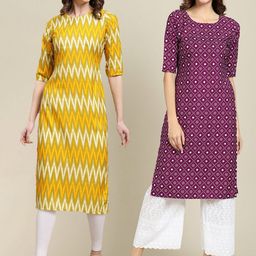 KALINI Women Pack of 2 Yellow & Purple Digital Printed Crepe Straight Kurtas-image-65