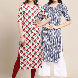 KALINI Women Pack of 2 White & Navy Blue Ethnic Motifs Printed Crepe Kurta-image-25