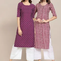 KALINI Women Pack Of 2 Violet & Maroon Geometric Printed Summer Sheers Crepe Kurta-image-88