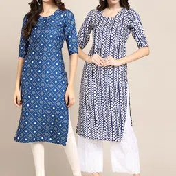 KALINI Women Pack Of 2 Blue & White Ethnic Motifs Printed Crepe Kurta-image-65