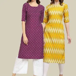 KALINI Women Pack of 2 Purple & Yellow Geometric Printed Summer Sheers Crepe Kurtas-image-89