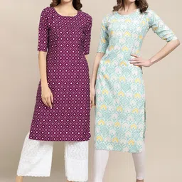 KALINI PACK OF 2 Women Purple & Blue Ethnic Motifs Printed Summer Sheers Crepe Kurta-image-36