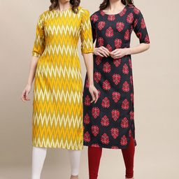 KALINI Women's Crepe Yellow & Black Color Ethnic Motif Printed Straight Kurta PACK OF 2-picture-32