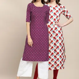 KALINI Women Purple & White Floral Printed Crepe Pack of 2 Kurtas-image-60