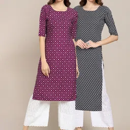 KALINI Women's Crepe Purple & Black Color Ethnic Motif Printed Straight Kurta PACK OF 2-picture-14