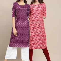 KALINI Women Pack Of 2 Violet & Red Geometric Printed Summer Sheers Crepe Kurta-image-34