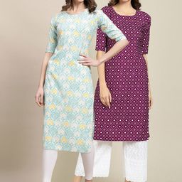 KALINI Women Pack of 2 Purple & Blue Ethnic Motifs Printed Crepe Kurta-image-65