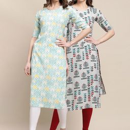 KALINI Women Pack of 2 Blue & White Geometric Printed Chikankari Crepe Kurta-54